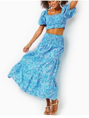 Lilly Pulitzer Aston Crop Top Skirt Set Amalfi Blue By The Seashore Size Medium